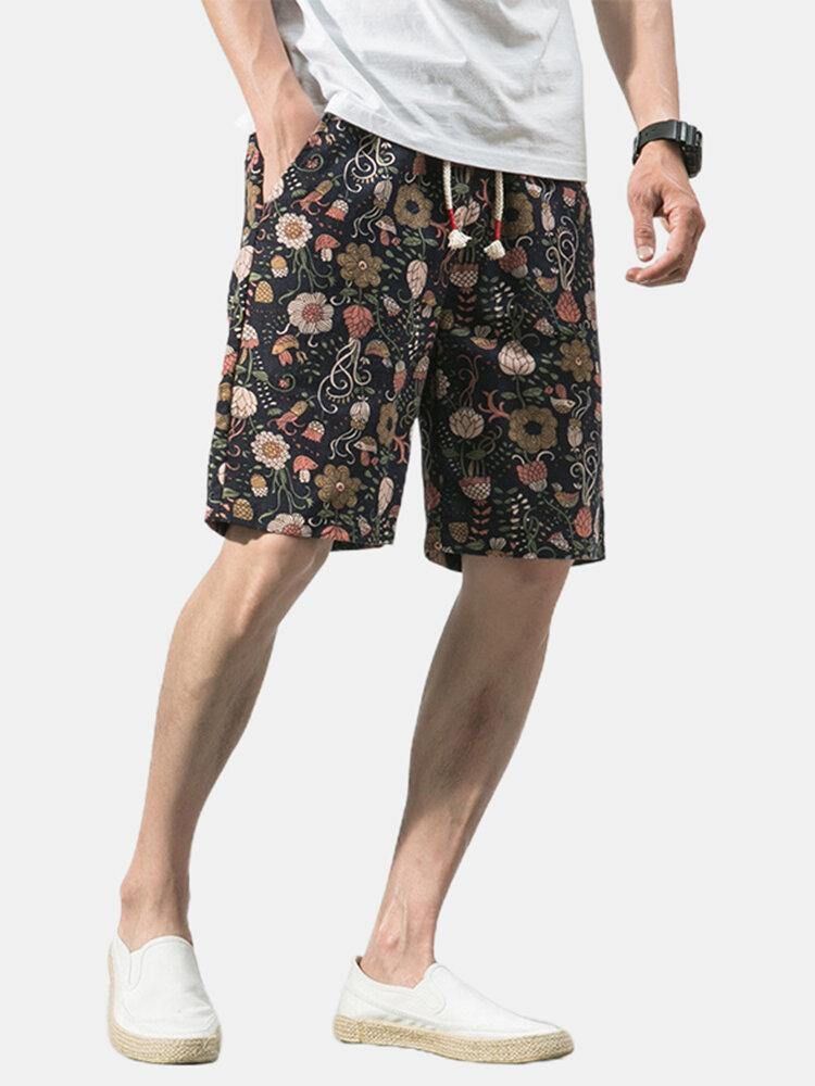 Bomull Menns Blomsterprint Lomme Med Snøring Casual Shorts