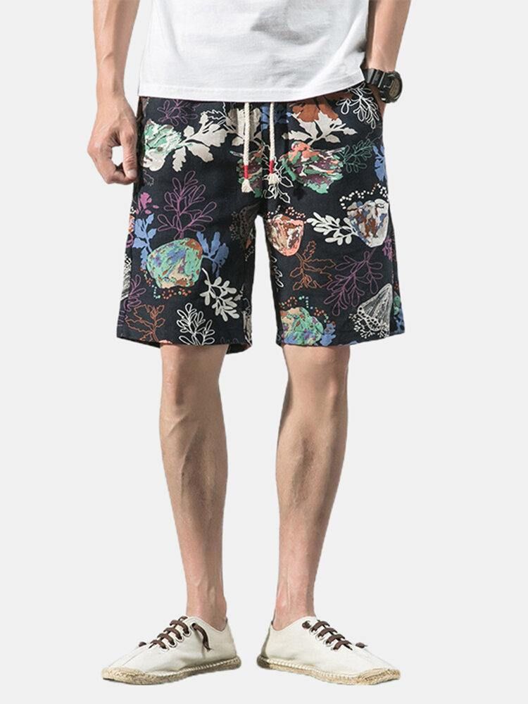 Bomull Menns Blomsterprint Lomme Med Snøring Casual Shorts