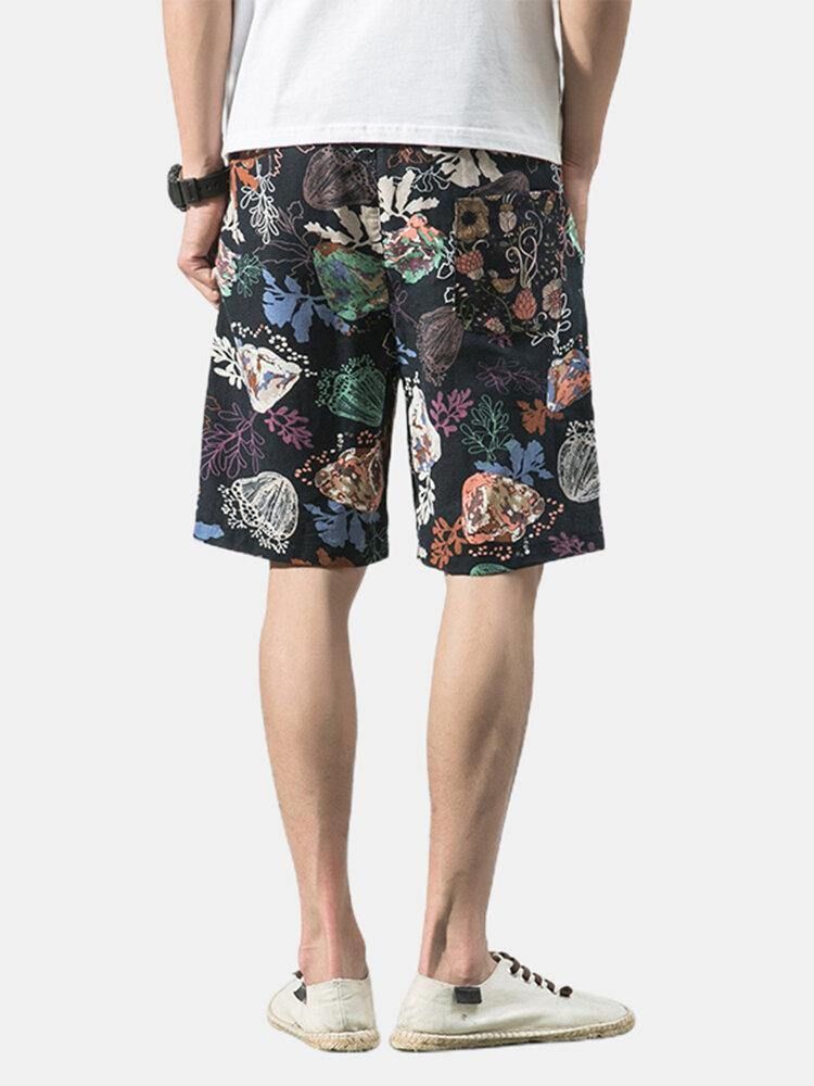 Bomull Menns Blomsterprint Lomme Med Snøring Casual Shorts