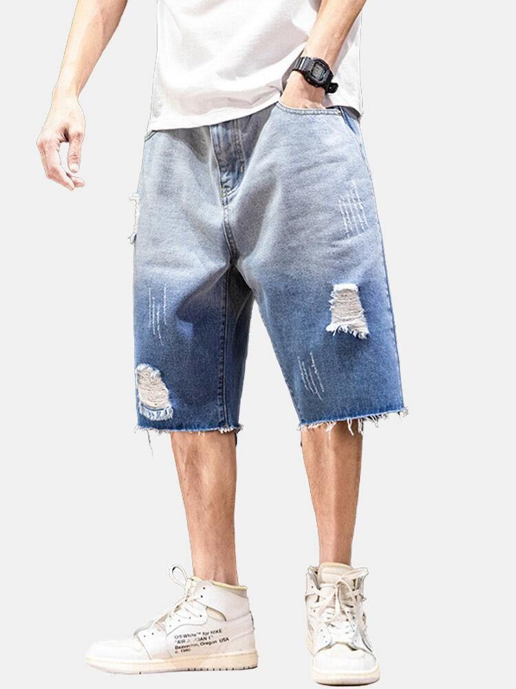 Denim Gradientlommer For Menn Løse Komfortable Fritidsshorts