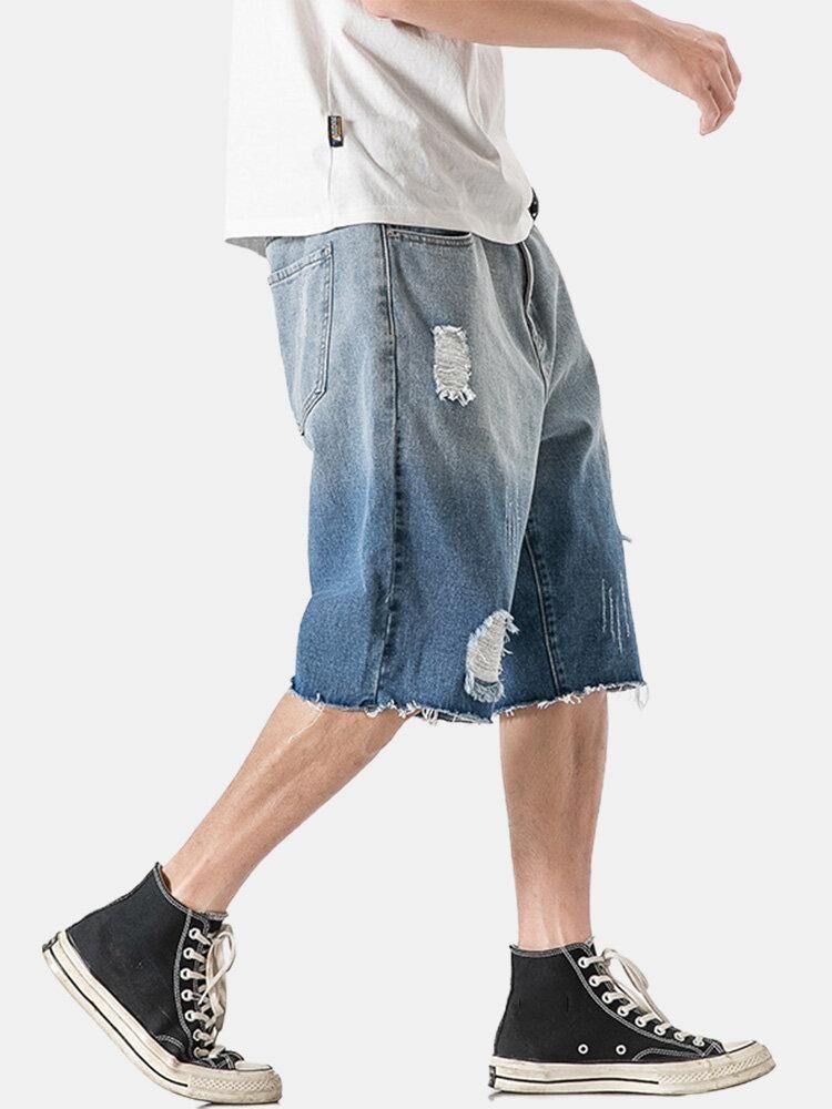 Denim Gradientlommer For Menn Løse Komfortable Fritidsshorts