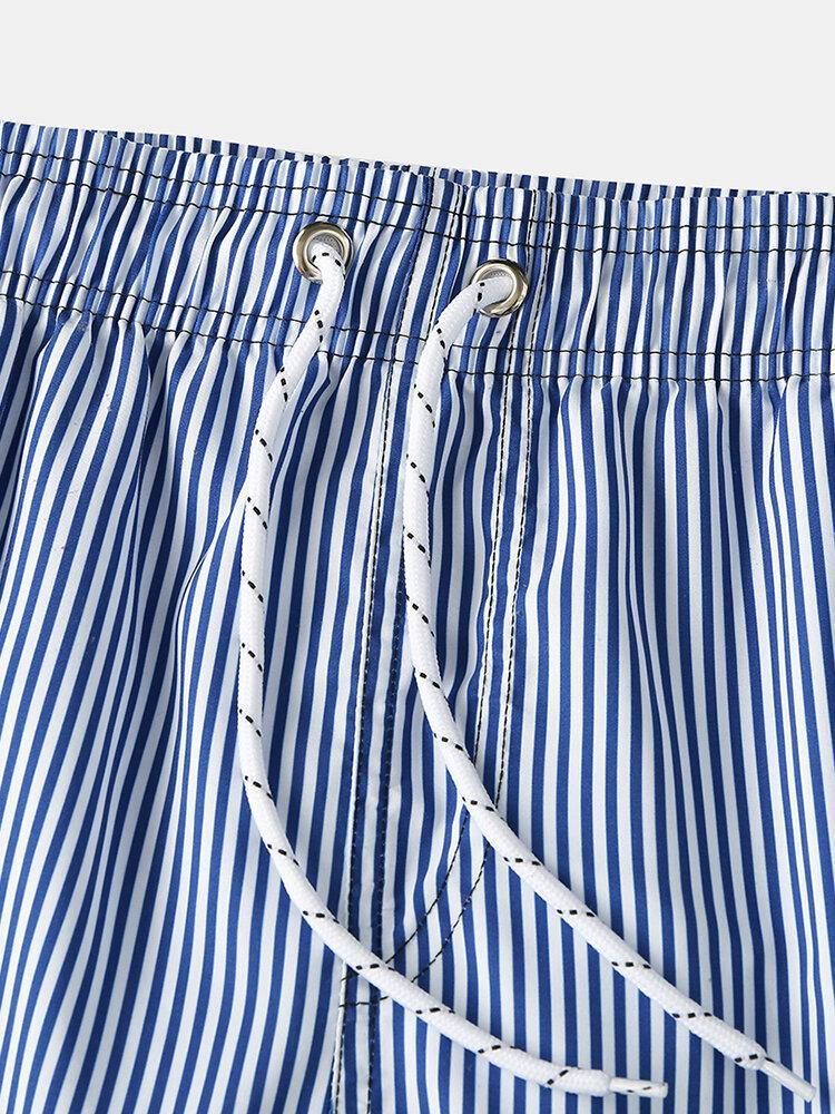 Lett Blå Stripete Hurtigtørrende Strandmesh-Linje Uformelle Shorts Med Snøring
