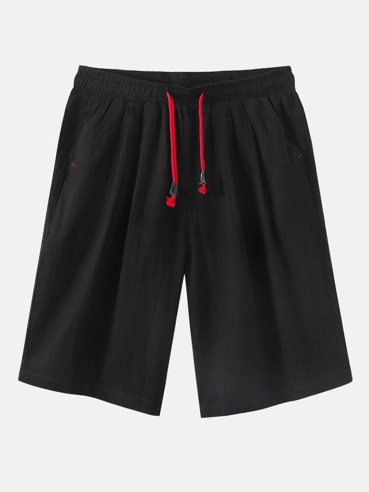 Menns Ensfargede Elastiske Midje Uformelle Shorts Med Snøring