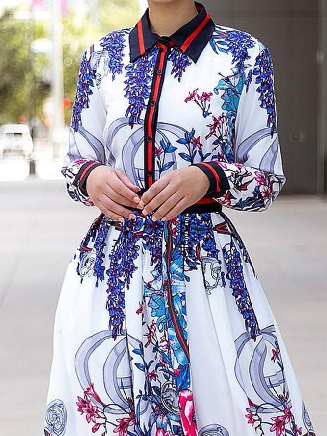 Elegant Floral Langermet Skjorte Krage Regular Fit Midi-Kjole