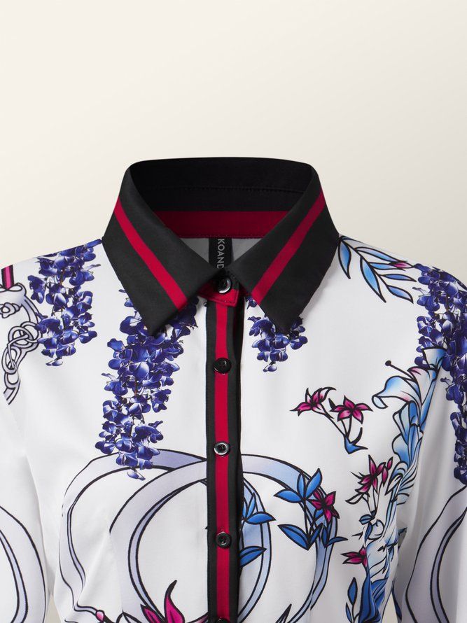 Elegant Floral Langermet Skjorte Krage Regular Fit Midi-Kjole