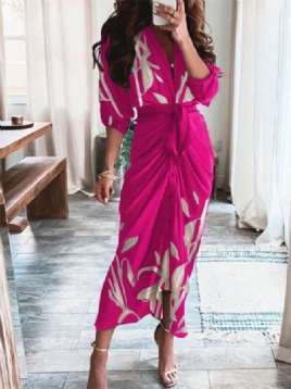Elegant Midi-Kjole Med Blomstertrykt Skjortekrage