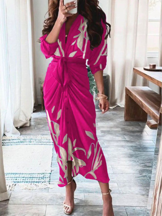 Elegant Midi-Kjole Med Blomstertrykt Skjortekrage