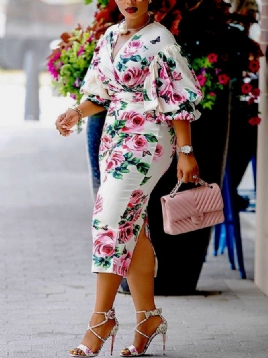 Lantern Sleeve Regular Fit Floral Elegant Midi Dress