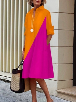 Midi Langermet Regular Fit Color Block Shirt Collar Dress