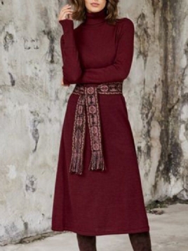 Turtleneck Burgundy A-Line Solid Midi-Kjole (Unntatt Belte)