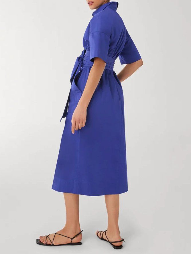 Urban Simple Half Sleeve Pockets Plain Shirt Dress