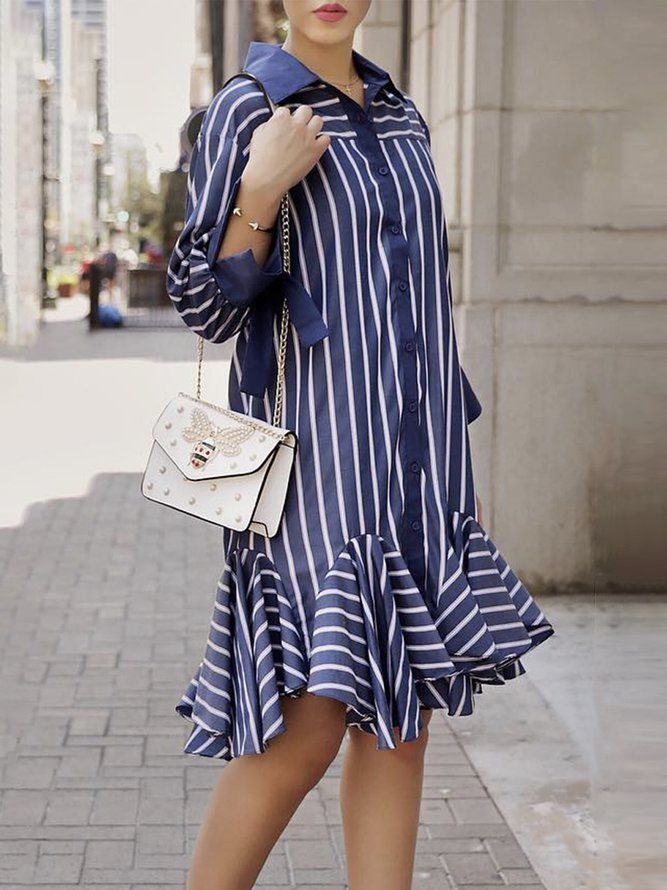 Urban Striped Shirt Krage Løs Knee Dress