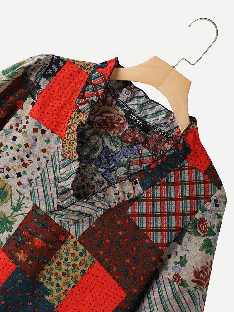 100% Bomull Patchwork-Trykt Uformelt Bluse For Kvinner