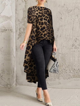 100% Polyester Leopard Print High Low Bluse For Kvinner