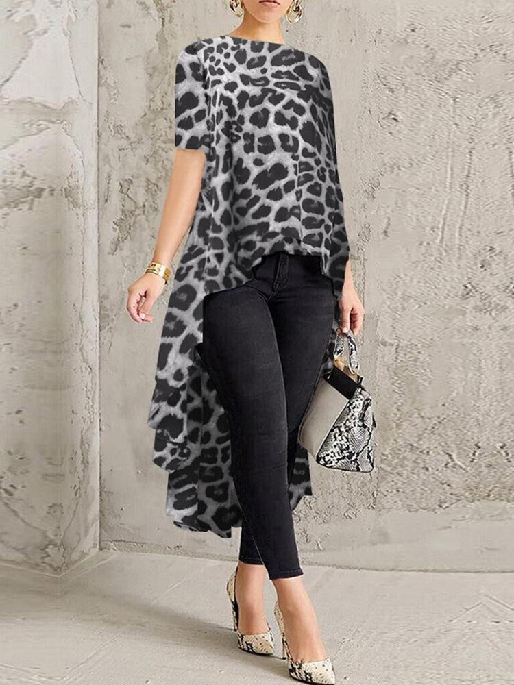 100% Polyester Leopard Print High Low Bluse For Kvinner