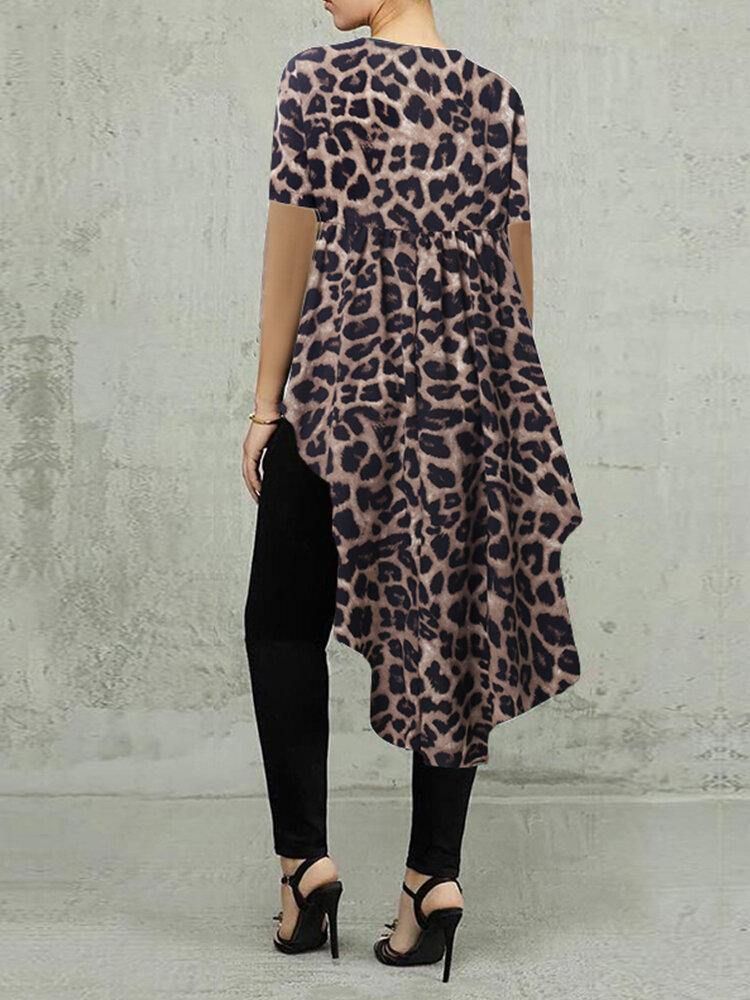 100% Polyester Leopard Print High Low Bluse For Kvinner