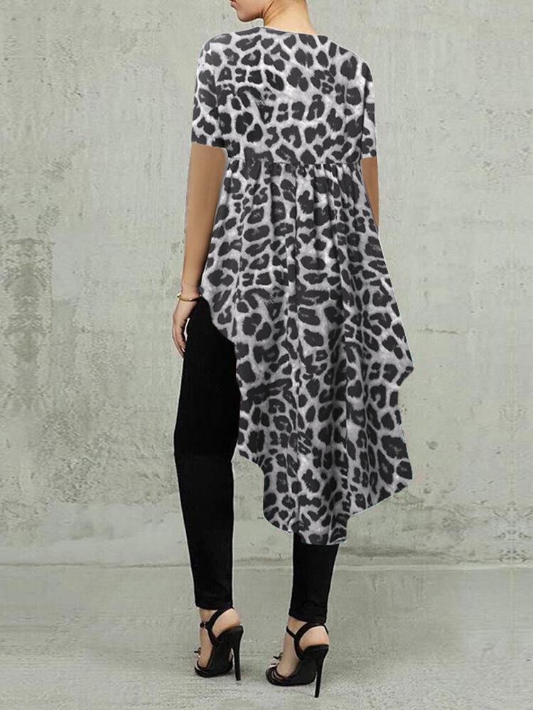 100% Polyester Leopard Print High Low Bluse For Kvinner