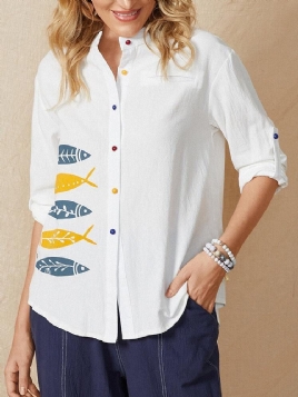 Cartoon Fish Print Button Stand Krage Langermet Casual Bluse For Kvinner