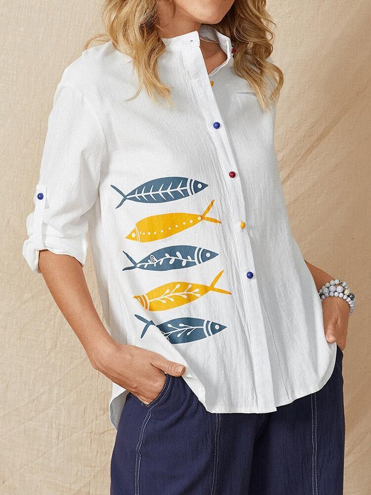Cartoon Fish Print Button Stand Krage Langermet Casual Bluse For Kvinner