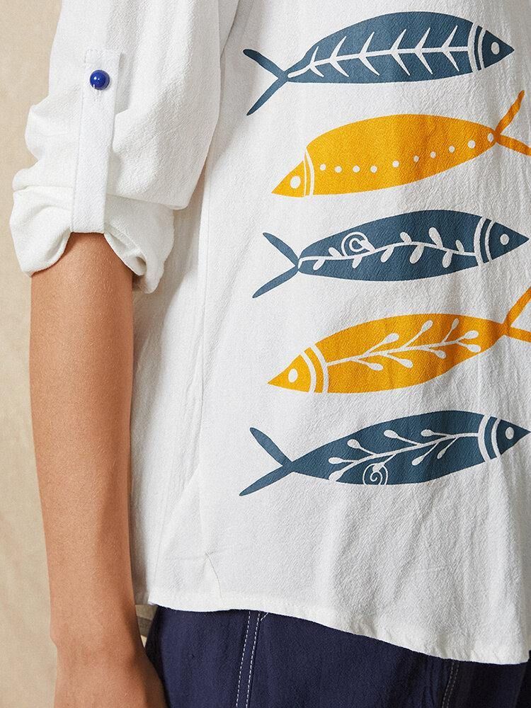 Cartoon Fish Print Button Stand Krage Langermet Casual Bluse For Kvinner