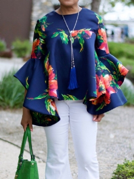 Crew Neck Floral Flare Sleeve Topp