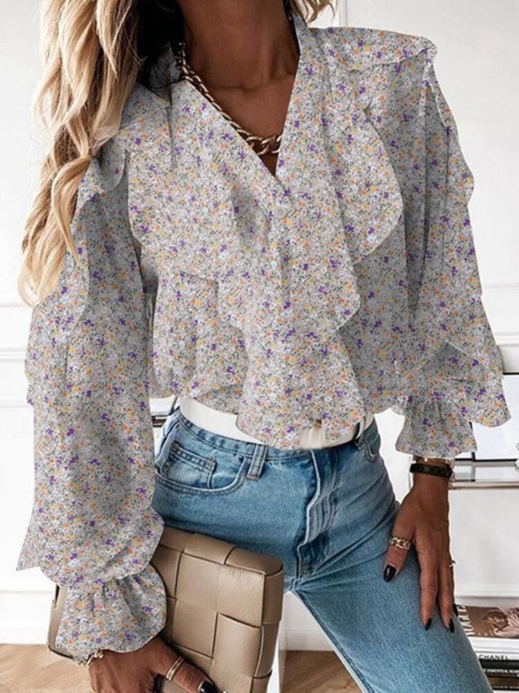 Ditsy Floral Print V-Hals Uformell Volang Ermet Knapp Uformelle Bluser For Kvinner