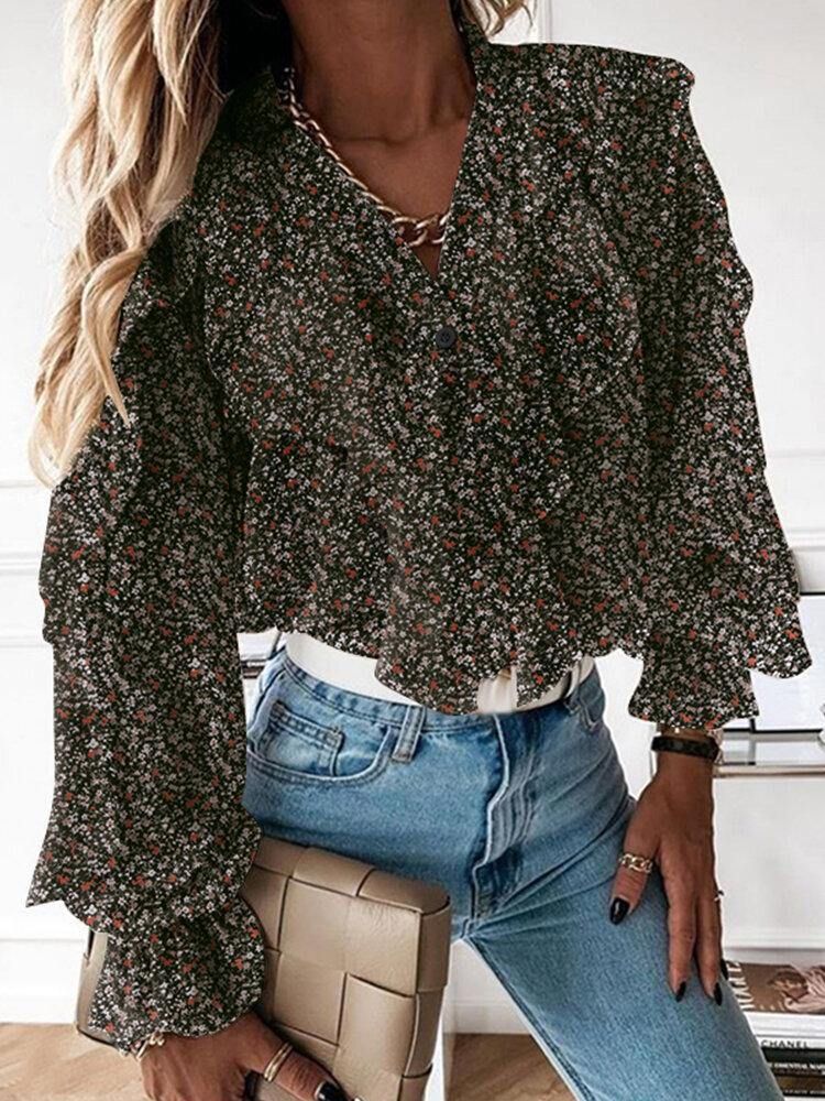 Ditsy Floral Print V-Hals Uformell Volang Ermet Knapp Uformelle Bluser For Kvinner