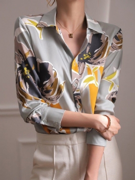 Elegant Blomstret Skjortekrage Med Lang Ermet Bluse