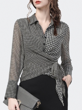 Elegant Houndstooth Langermet Skjorte Kragebluse