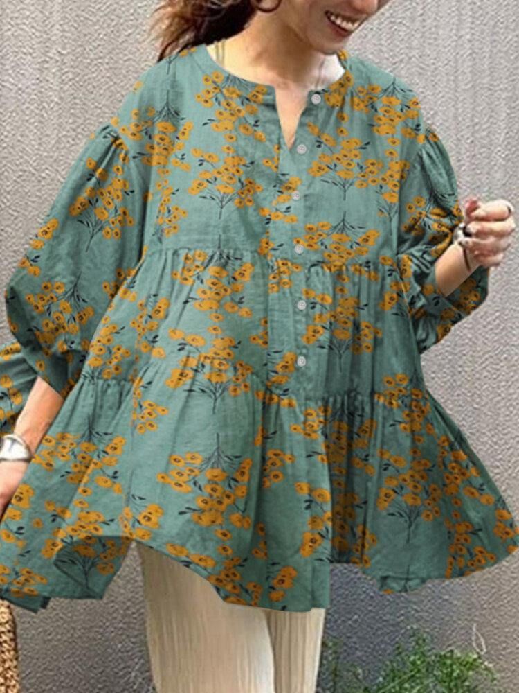 Flower Print Button Front Ruffle Pleated Casual Puff Sleeve Bluser For Kvinner
