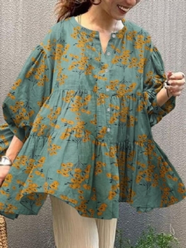 Flower Print Button Front Ruffle Pleated Casual Puff Sleeve Bluser For Kvinner