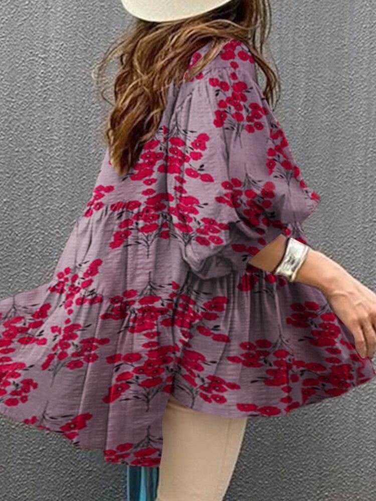 Flower Print Button Front Ruffle Pleated Casual Puff Sleeve Bluser For Kvinner