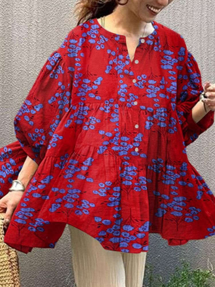 Flower Print Button Front Ruffle Pleated Casual Puff Sleeve Bluser For Kvinner