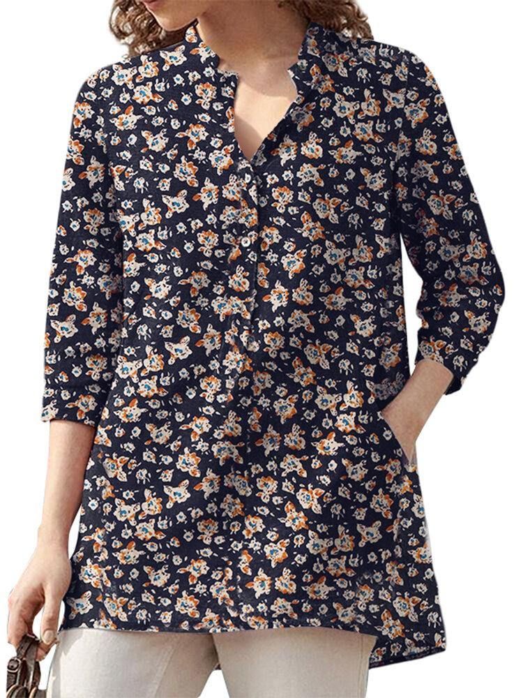 Kvinner 100 % Bomull Blomsterfritid Bohemisk Retrostil V-Hals Sidelommer Bluse