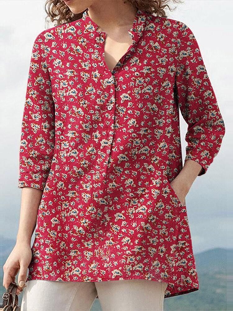 Kvinner 100 % Bomull Blomsterfritid Bohemisk Retrostil V-Hals Sidelommer Bluse