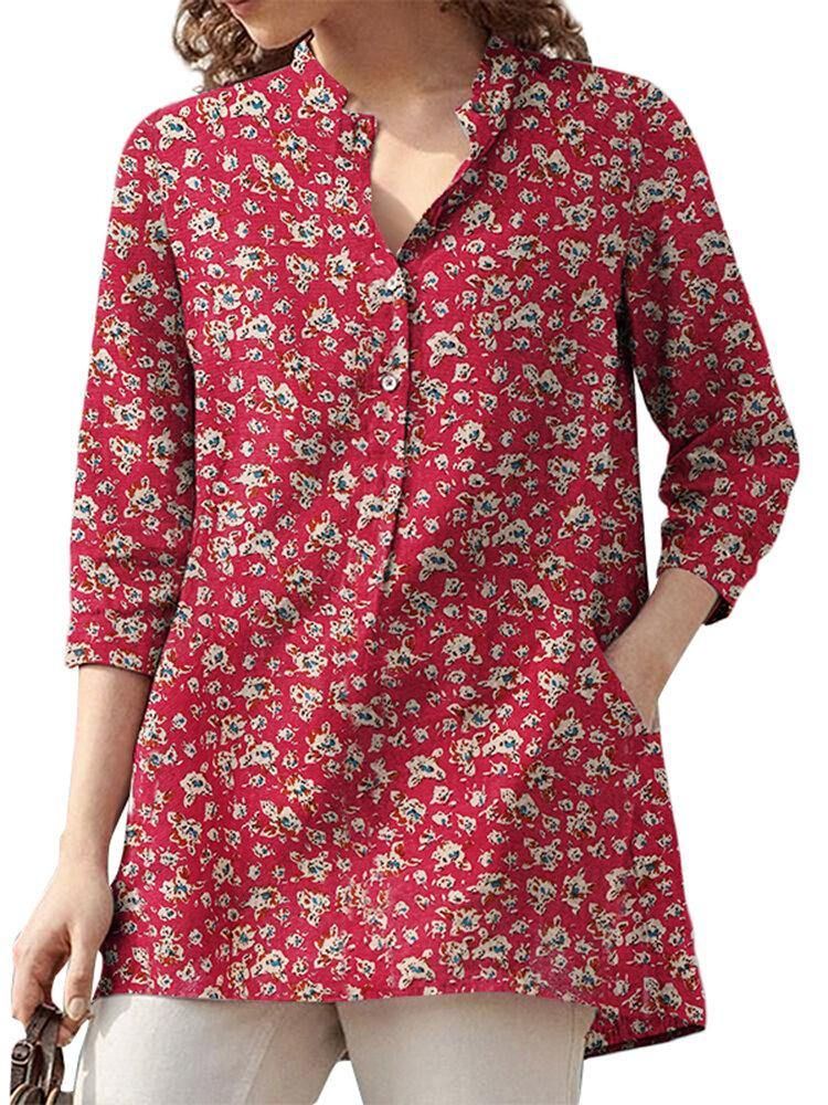 Kvinner 100 % Bomull Blomsterfritid Bohemisk Retrostil V-Hals Sidelommer Bluse