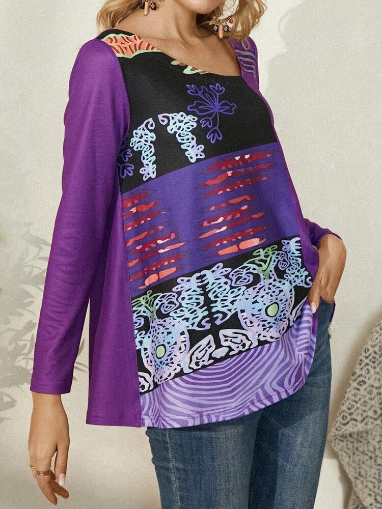 Kvinner Abstrakt Print Asymmetrisk Krage Langermet Etnisk Stil Bluse