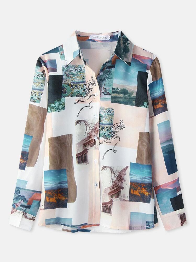 Kvinner Block Landscape Print Langermet Lapel Casual Bluse