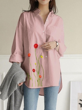 Kvinner Blomster Broderi Vanlig Lapel Langermet Side Splitt Casual Bluse