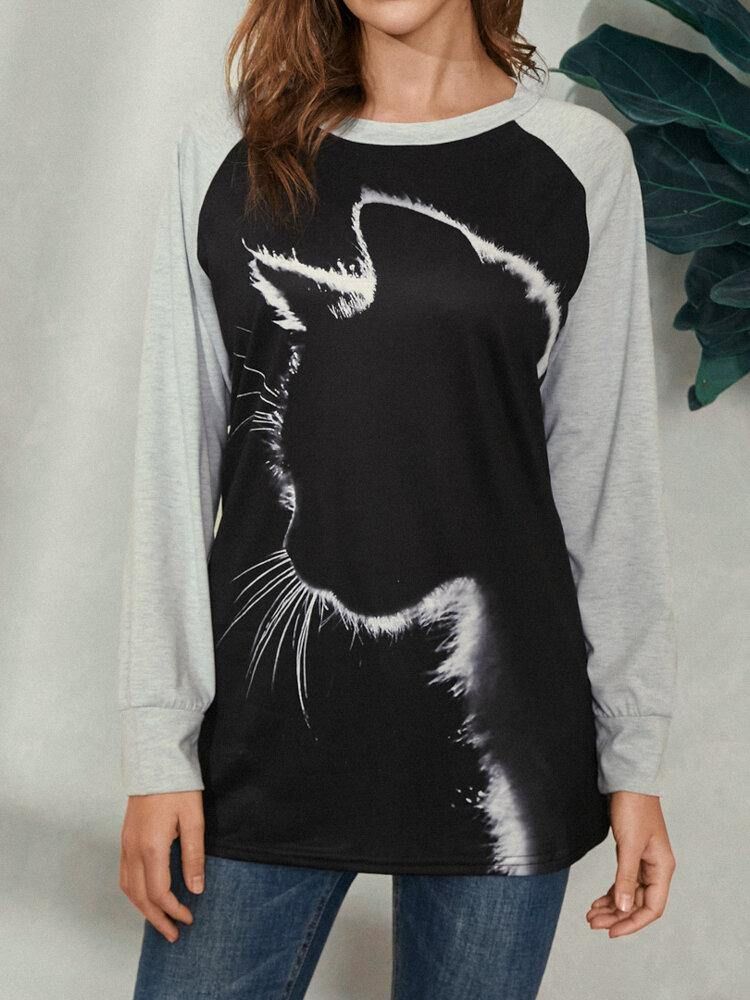 Kvinner Cat Print Rund Hals Uformelle Raglan Sleeve Bluser