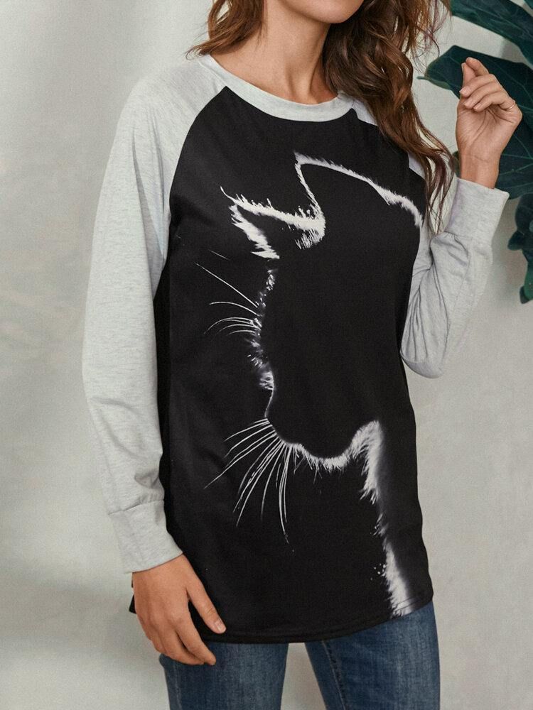 Kvinner Cat Print Rund Hals Uformelle Raglan Sleeve Bluser