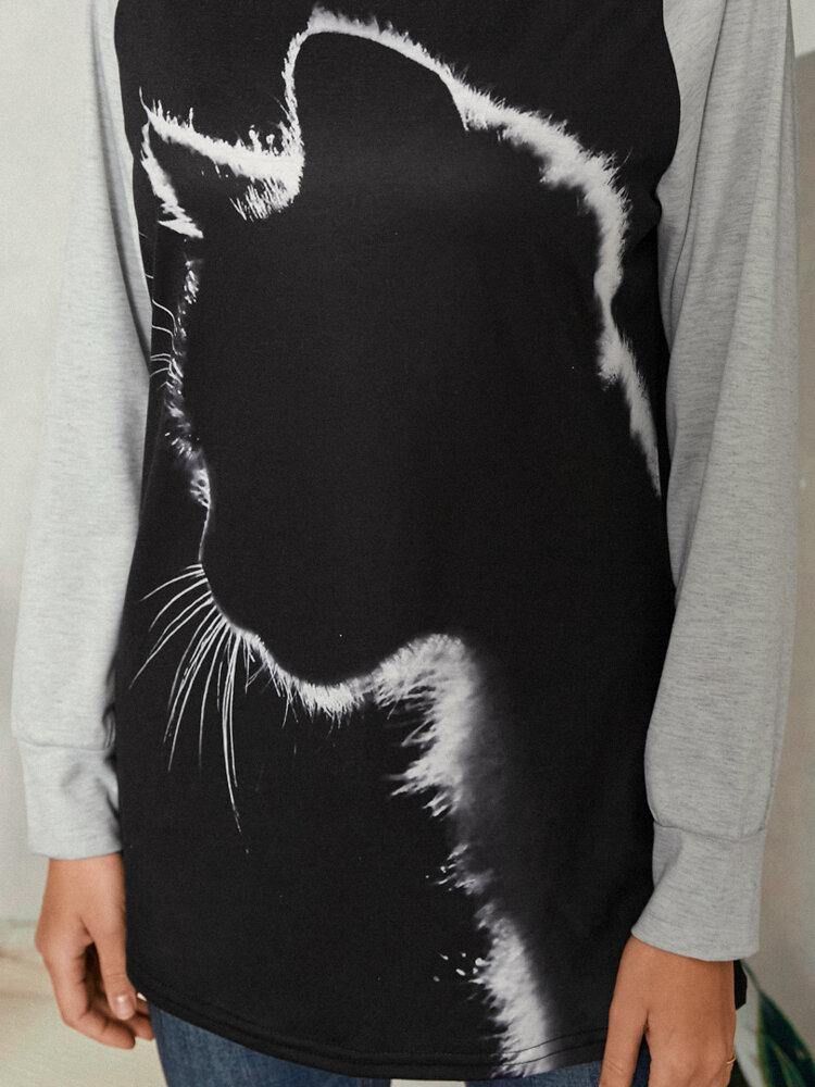 Kvinner Cat Print Rund Hals Uformelle Raglan Sleeve Bluser