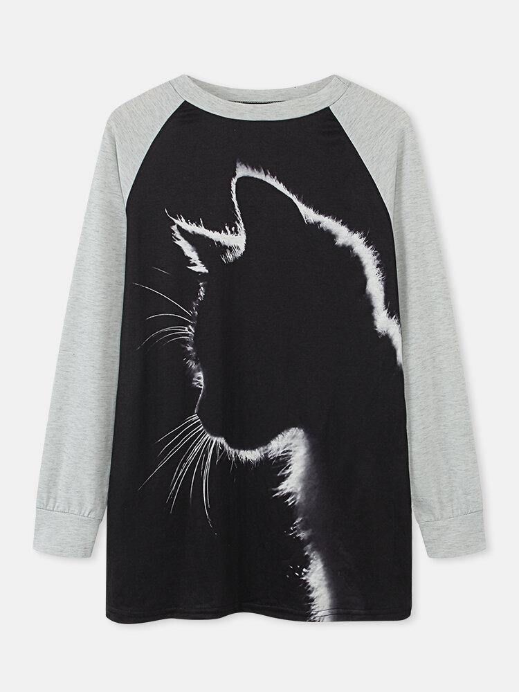 Kvinner Cat Print Rund Hals Uformelle Raglan Sleeve Bluser