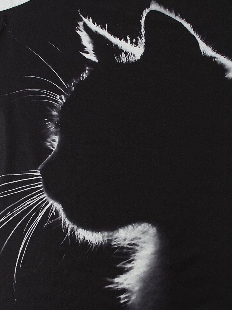 Kvinner Cat Print Rund Hals Uformelle Raglan Sleeve Bluser
