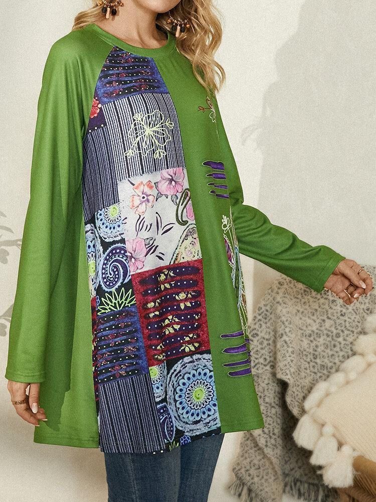 Kvinner Etnisk Stil Floral Colorblock Mønster O-Hals Langermet Bluse