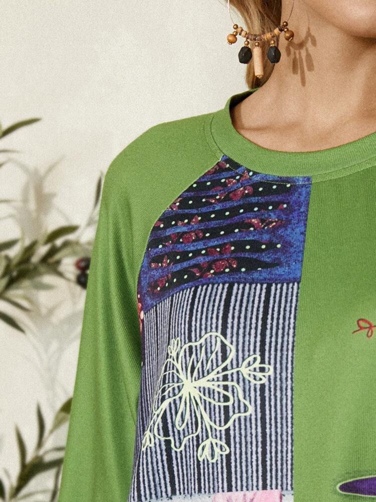Kvinner Etnisk Stil Floral Colorblock Mønster O-Hals Langermet Bluse