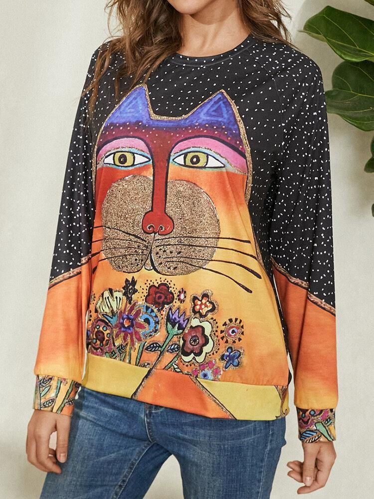 Kvinner Tegneserie Cat Spot Print Rundhals Casual Raglan Sleeve Bluser