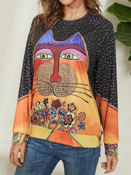 Kvinner Tegneserie Cat Spot Print Rundhals Casual Raglan Sleeve Bluser
