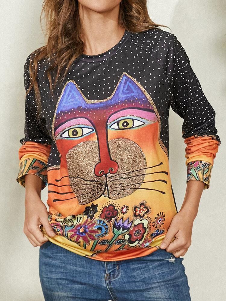 Kvinner Tegneserie Cat Spot Print Rundhals Casual Raglan Sleeve Bluser
