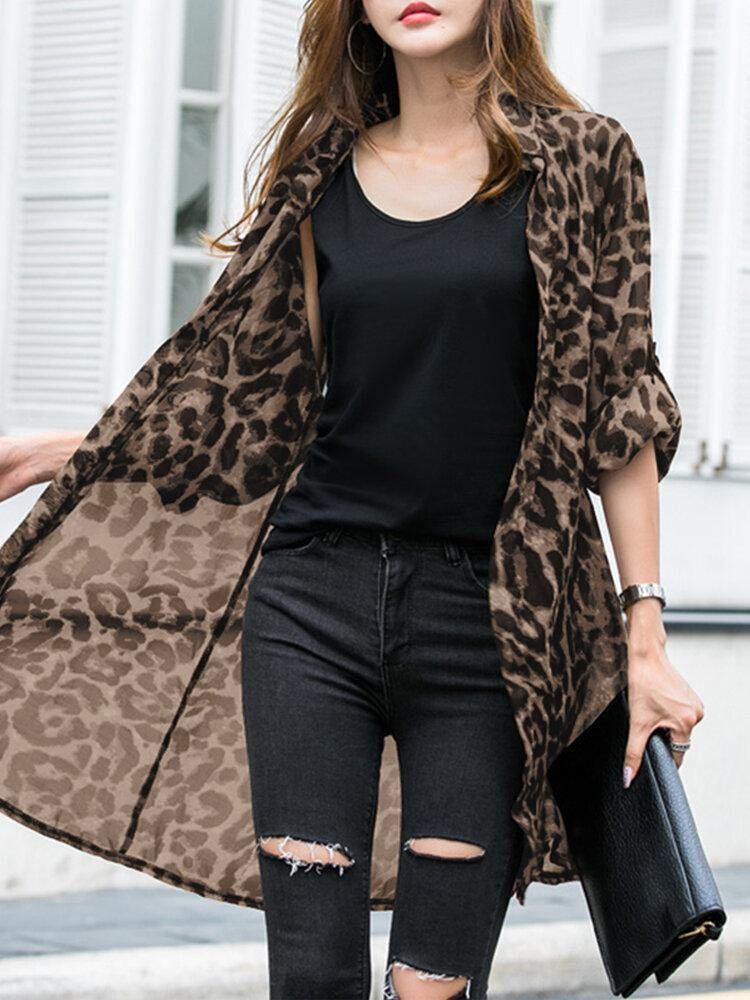 Langermet Tynn Lett Chiffon Leopard Fritid Cardigan For Dame